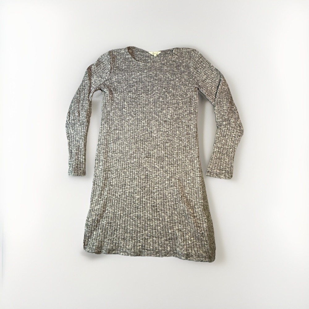 Madewell Ribbed Long Bubble Sleeve Sweater Dress‎ Tunic Sheath Stretch Grey Sz S